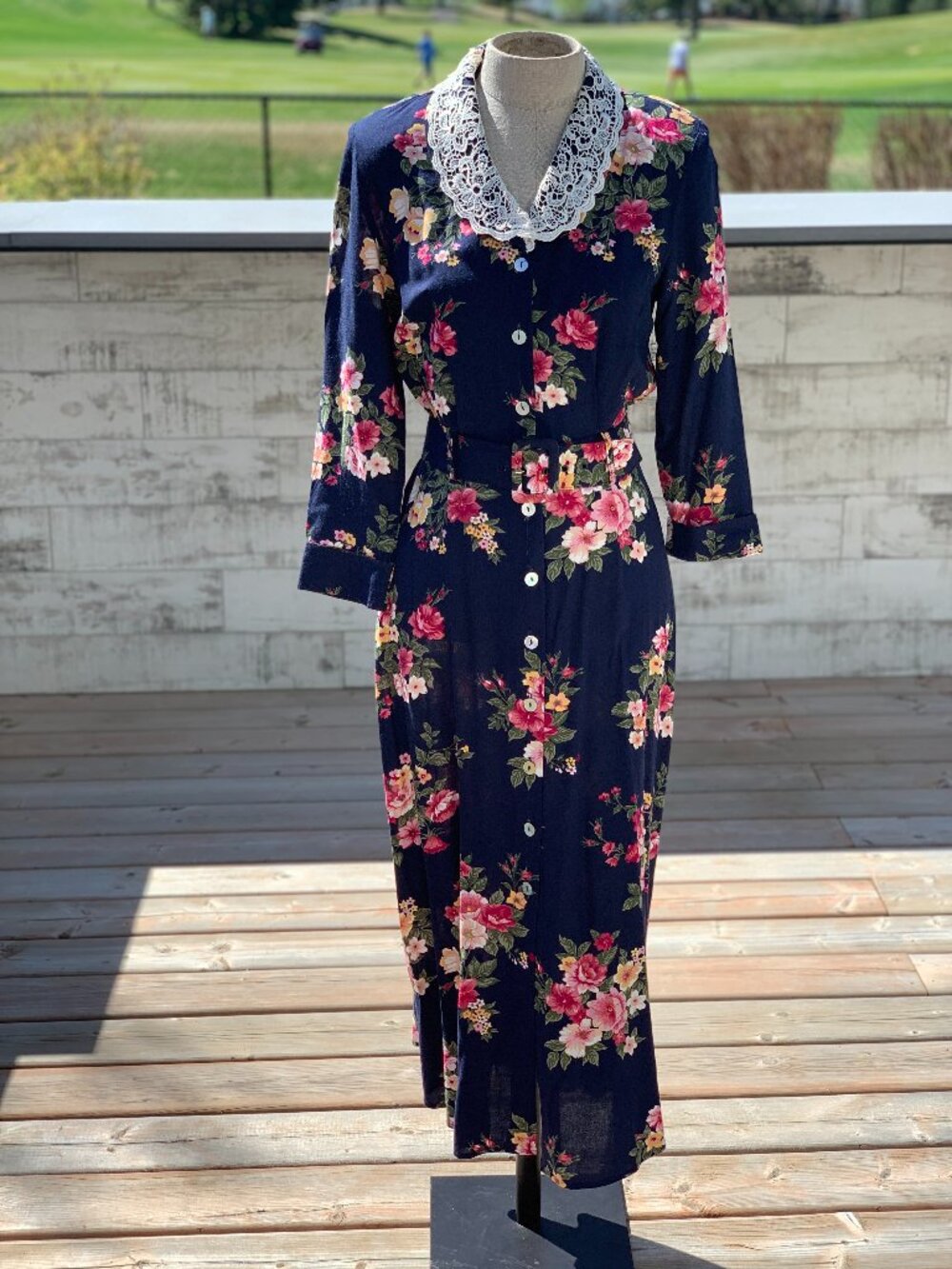 Vintage 90s Cottagecore Floral Lace Collar Midi Dress 8 Navy Belted Pearl Button
